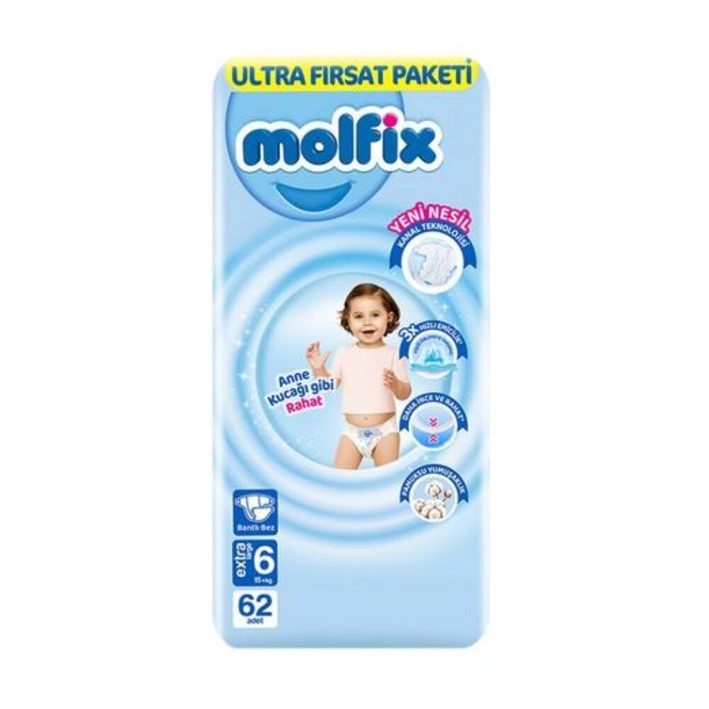 Molfix Bebek Bezi Ultra Fırsat Paketi 6 Beden 15+ Kg 62 Adet