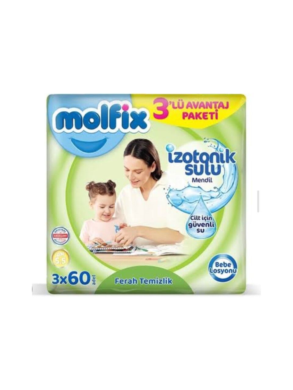 Molfix İzotonik Sulu Ferah Temizlik Islak Havlu Mendil 3'Lü 180 Yaprak