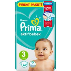 Prima Bebek Bezi Aktif Bebek Fırsat Paket 3 Beden 62 Adet