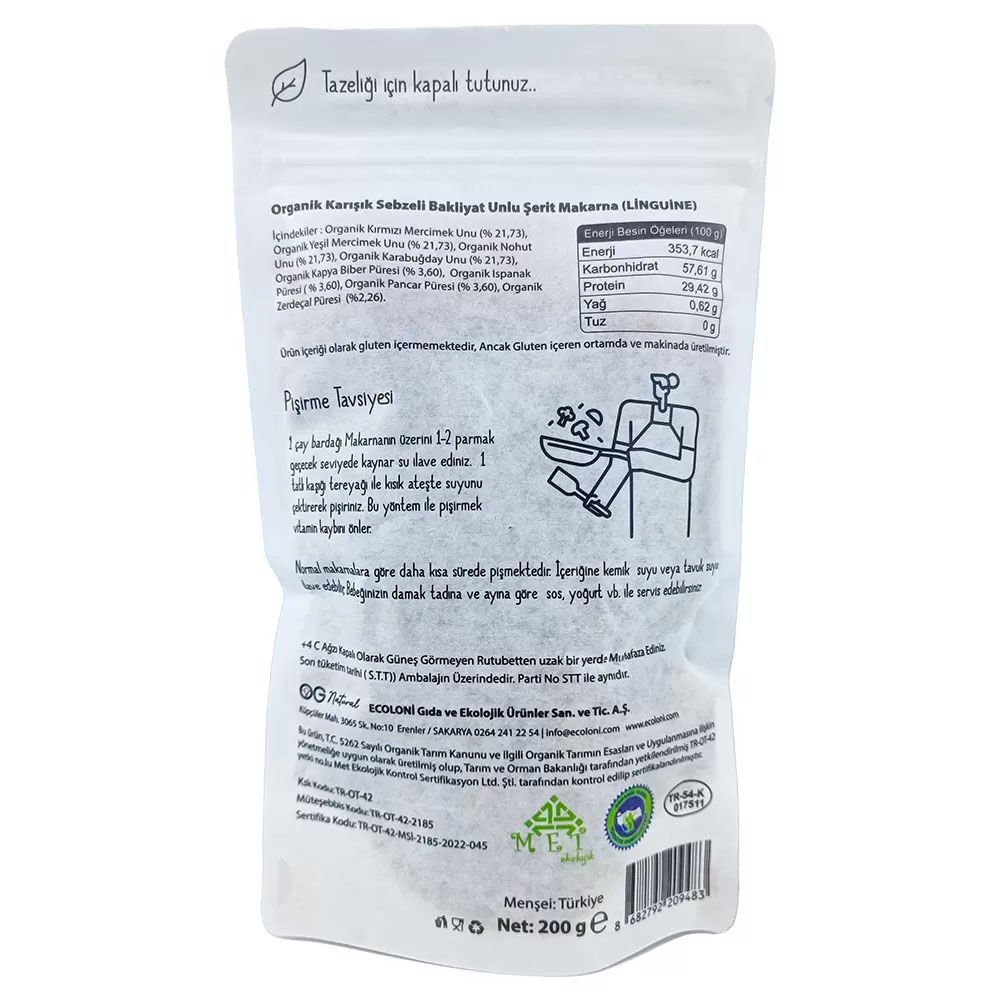 OG Natural Organik Karışık Sebzeli Bakliyat Unlu Şerit Makarna Linguine 200 Gr