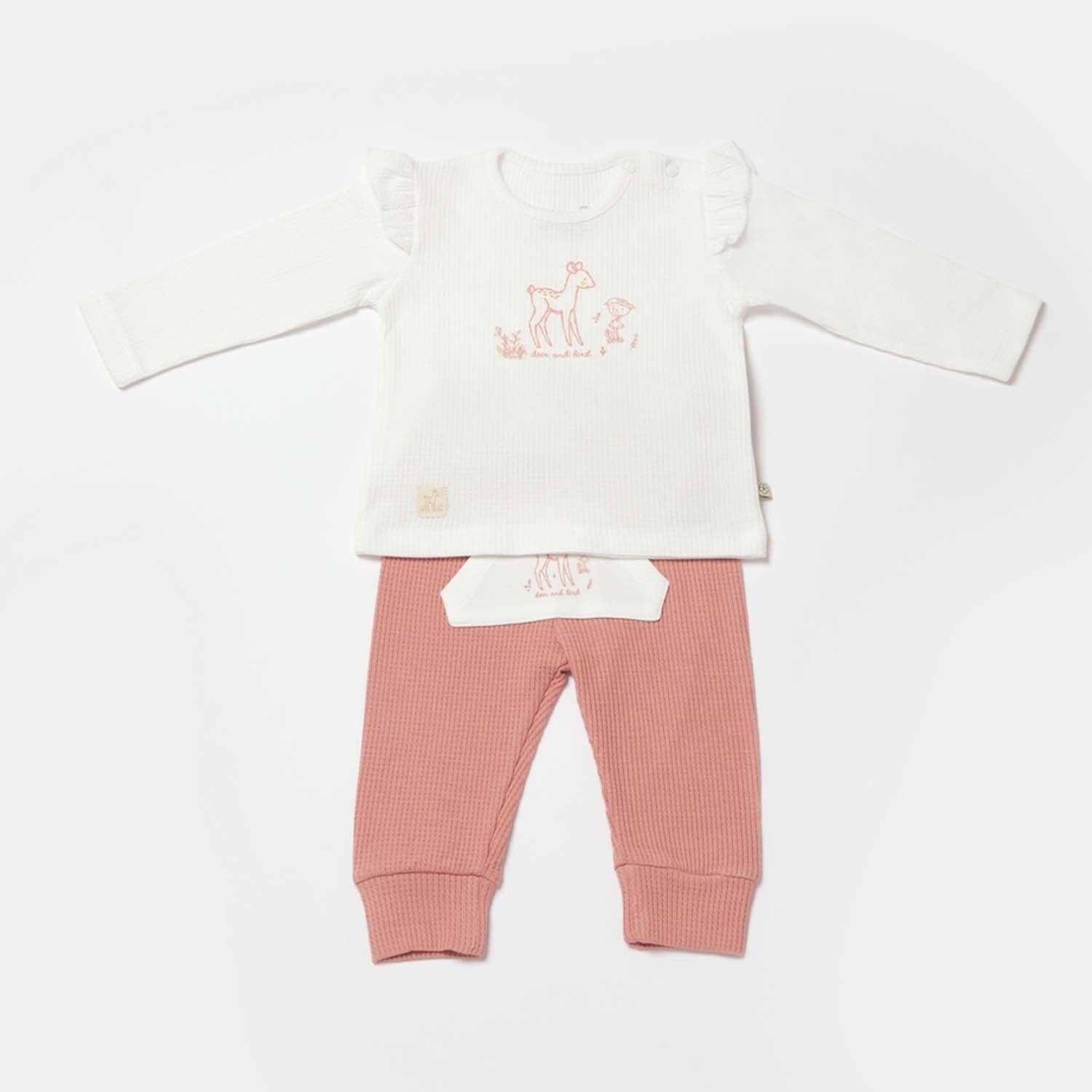 Bibaby Biorganic Waffle Deer And Bird 2'Li Bebek Takım 59783 Ekru Gül Kurusu