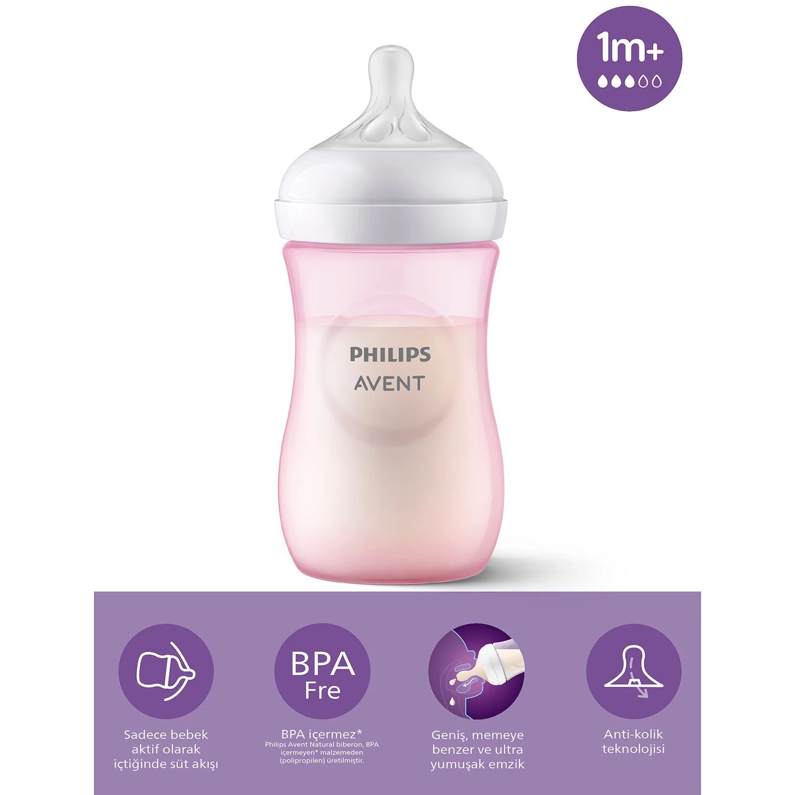 Philips Avent Doğal Tepkili Natural Response PP Biberon 260 ml 1+ Ay Pembe