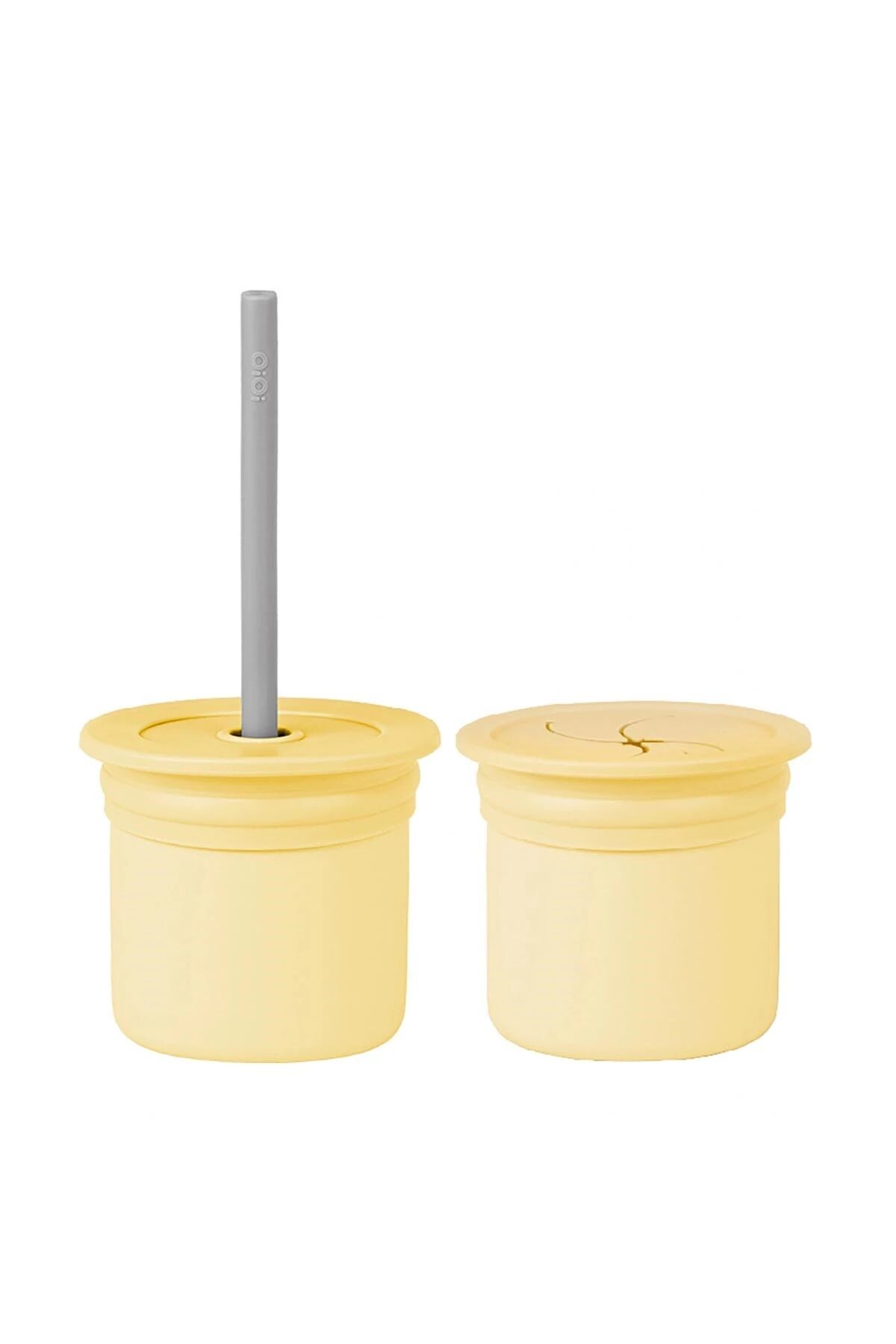 OiOi Ham+Hüp Pipetli Silikon Bardak Seti Mellow Yellow / Powder Grey